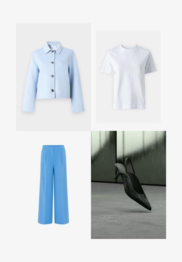 Lichtblauwe wollen jas met een puntige kraag en vier donkere knopen aan de voorkant, lange mouwen en een cropped pasvorm.; Witte katoen t-shirt met een ronde hals, korte mouwen, een rechte snit en een gladde textuur. Geen patronen of versieringen.; Lange broek met wijde pijpen in effen lichtblauw, gemaakt van een zachte stof. Heeft een hoge taille met plooien, wat zorgt voor een op maat gemaakte, moderne uitstraling.; Zwarte leren slingback pumps met hoge hak en spits toelopende neus zwevend boven een grijs tapijtvloer, wazige groenachtige muur op de achtergrond.