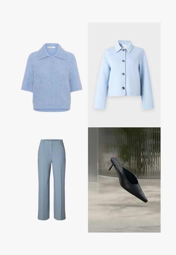 Hellblaue Wolljacke mit spitzem Kragen und vier dunklen Knöpfen vorn, langen Ärmeln und gekürztem Schnitt.; Hellblaues, kurzärmliges Strickoberteil mit Kragen und Knopfleiste mit fünf Knöpfen. Weicher Stoff mit leicht lässiger Passform und geripptem Saum.; Hellblaue Hose mit geradem Bein, Bund und Gürtelschlaufen, vorderer Bügelfalte und einem sauberen, maßgeschneiderten Design.; Schwarzer spitzer Mule-Schuh mit dünnem hohen Absatz, der über einem glatten Betonboden schwebt, mit einem unscharfen vertikal gestreiften Hintergrund.