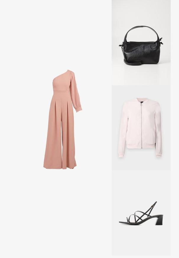 Hele roosa bomber-jakk, mis on valmistatud siledast kangast, esilukuga, soonikkoes mansettidega ja küljetaskutega. Minimalistlik disain ilma mustriteta.; Roosa ühesanga jumpsuit, millel on sobiv korpus, pikk puhv-sleeve, plekitud laiad püksid ja siledast, kerge kangast tekstuur.; Mustad kontsaga sandaalid õhukeste risti üle käivate rihmade, pahkluuluku ja keskmise kõrgusega plokklikontsaga, näidatud külgvaates valgel taustal.; Must mustrikujundusega must nahast käekott, ümarate pealmiste käepidemete ja eemaldatava õlalihaga. Omab siledat tekstuuri ja peent sära.