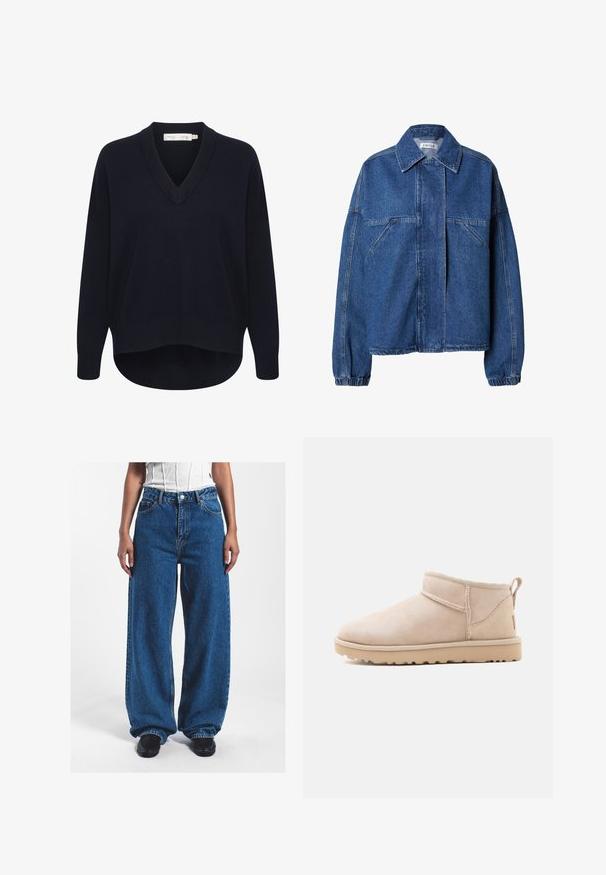 Veste en denim bleu avec un col pointu, une fermeture frontale cachée, des poches poitrine inclinées, des manches longues et des poignets élastiqués.; Pull V en maille marine avec des manches longues, une coupe décontractée et un ourlet arrondi. Fabriqué en tissu doux et texturé, avec des étiquettes minimales.; Jean en denim bleu à jambes larges avec une taille haute, dotés d'une fermeture à bouton, de poches avant et d'une texture légèrement décolorée.; Bottine beige en daim avec semelle plate, coutures visibles et languette à l'arrière sur un fond blanc uni.