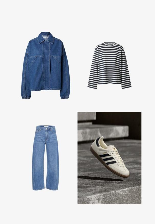 Blaue Denimjacke mit spitzem Kragen, verdecktem Frontverschluss, schrägen Brusttaschen, langen Ärmeln und elastischen Bündchen.; Langärmliges gestreiftes Hemd mit navyblauen und weißen horizontalen Streifen, runder Ausschnitt und lockerer Passform. Aus weichem Baumwollmaterial.; Helles blaufarbene Denim-Weitbeinjeans mit hoher Taille, ausgestattet mit einem Knopf- und Reißverschluss, fünf Taschen und dezenten Auswaschungseffekten.; Weißer Adidas Samba Sneaker mit schwarzen Streifen und Gummisohle, schwebend über strukturierten grauen Betontreppen.