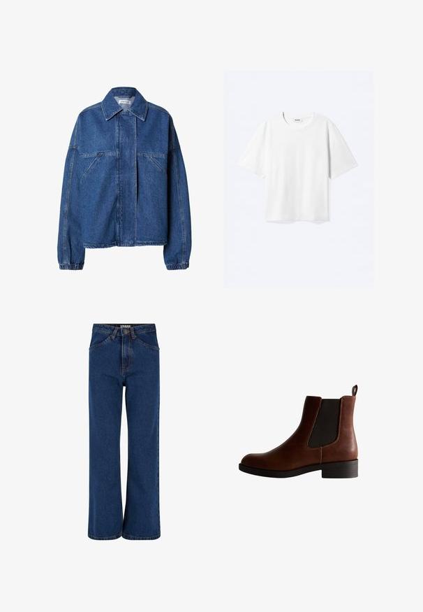 Blauwe spijkerjas met een puntige kraag, verborgen frontsluiting, schuine borstzakken, lange mouwen en elastische manchetten.; Witte T-shirt met korte mouwen en een ronde hals met rechte zoom, met een "WEEKDAY" merklabel aan de binnenkant van de hals.; Wijdvallende denim jeans in donkerblauw, met een hoge taille, voorpockets en contrasterende stiksels langs de naden.; Bruine leren enkelboot met elastische zijkanten, ronde neus en een lage blokhak. Kenmerkt zich door contrasterende stiksels en een trekband.