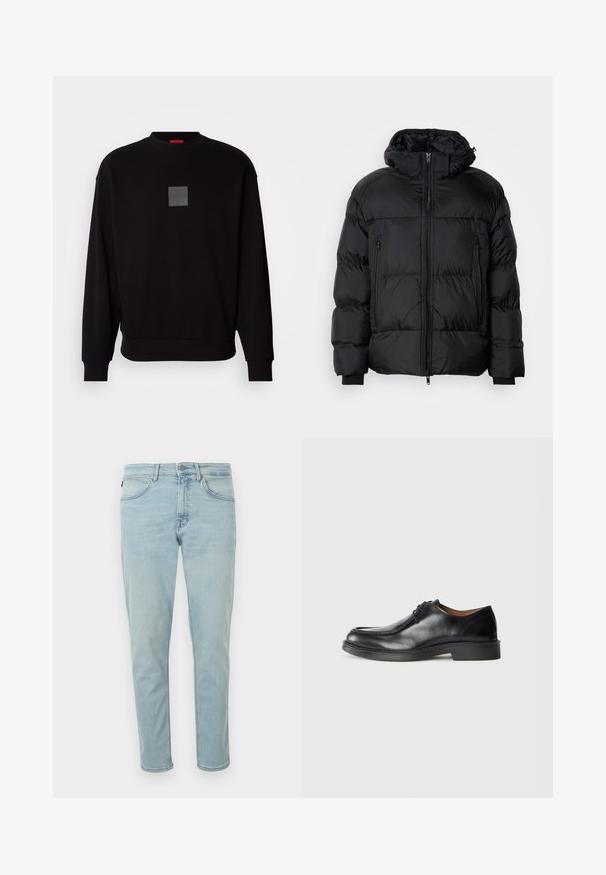 Schwarze Pufferjacke mit Kapuze, ausgestattet mit einem Reißverschluss, zwei Fronttaschen und gerippten Bündchen, aus einem glatten, wasserabweisenden Material.; Schwarze Sweatshirt mit langen Ärmeln, rundem Ausschnitt, grauem quadratischen Logo auf der Vorderseite, weicher Textur und gerippten Bündchen und Saum.; Hellblaue Jeans aus Denim mit schmaler Passform, fünf Taschen, Knopf- und Reißverschluss sowie minimalem Verblassen für ein sauberes Erscheinungsbild.; Schwarze Leder-Dressschuhe mit abgerundetem Zehenbereich, glatter Oberfläche, Schnürdetails und einer niedrigen, strukturierten Gummisohle. Saubere Linien und minimalistisches Design.
