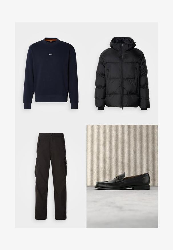 Schwarze Pufferjacke mit Kapuze, ausgestattet mit einem Reißverschluss, zwei Fronttaschen und gerippten Bündchen, aus einem glatten, wasserabweisenden Material.; Navyblaues Sweatshirt aus weichem Stoff, mit Rundhalsausschnitt und Rippbündchen, mit dem Wort "BOSS" in Weiß auf der Brust bedruckt.; Schwarze Cargo-Hose mit geradem Schnitt, elastischem Bund, mehreren Seitentaschen und einem strukturierten Stoff für hohe Langlebigkeit.; Schwarzer Lederloafer mit goldfarbenem Metallbit und "HUGO"-Markenlogo, präsentiert vor einem beigen Teppich und braunen durchsichtigen Möbelstücken.