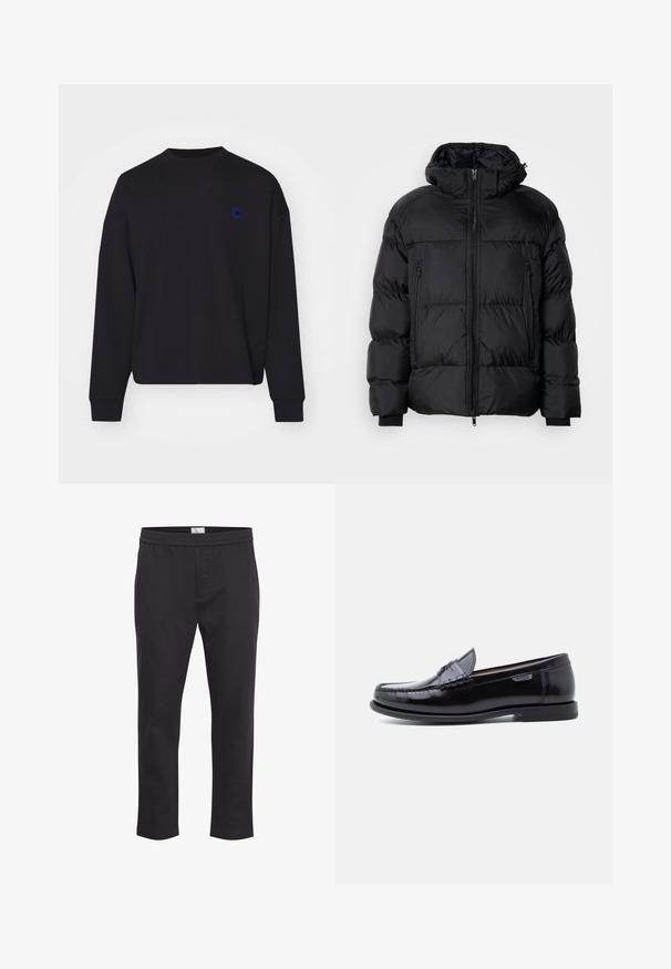 Musthave puffer-jakk musta kapuutsiga, varustatud lukuga, kahe esisegmendiga ja soonikkoes randmetega, valmistatud siledast veekindlast materjalist.; Mustmustel must, mis on valmistatud puuvillast, kohaliku ümar kaelus ja lodev lõige. See on rinnal väike sinine tikandiga logo.; Mustad elastne vöökohtadega püksid sirge säärega disainiga, millel on sile tekstuur ja ilma nähtavate mustrite või metalliliste detailideta.; Mustad nahast mokassiinid läikiva viimistlusega, millel on varbale õmmeldud muster ja madal, tekstuuriga must kummist tallaosa.