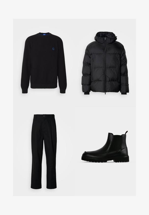 Doudoune noire avec capuche, dotée d'une fermeture éclair, de deux poches avant et de poignets côtelés, fabriquée dans un matériau lisse et résistant à l'eau.; Pull en maille noir avec un col rond, des poignets et un ourlet côtelés, arborant un logo bleu sur la poitrine. Texture lisse, coupe décontractée.; Pantalons noirs à jambes droites avec une taille à bouton, passants de ceinture et pli avant, présentés sur un fond blanc uni.; Bottine noire en cuir avec semelle texturée, panneaux latéraux élastiques et languette de tirage sur fond gris clair.