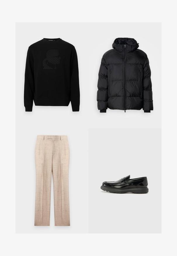 Sort pufferjakke med hætte, med lynlåslukning, to forlommer og ribkantede ærmer, lavet af et glat, vandafvisende materiale.; Sort sweatshirt med rund halsudskæring, prydet med et hævet sort silhuetdesign på forsiden, lavet af et blødt, struktureret stof.; Beige skræddersyede bukser med lige ben og subtilt tekstureret mønster, bæltestropper og forreste pressede linjer, vist fladt på en ensfarvet baggrund.; Sort læderloafer med en blank finish, rund tå, subtile syninger og en tyk gummisål for holdbarhed.