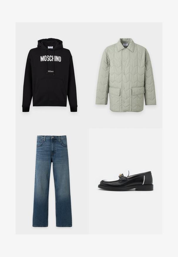 Veste matelassée vert clair avec fermeture à pression, deux poches à rabat avec boutons-pression, et un col pointu.; Sweat à capuche en coton noir avec poche kangourou, capuche à cordon de serrage et logo blanc "MOSCHINO" et "Milano". Texture lisse, coupe classique.; Jean droit en denim bleu avec poches avant, passants de ceinture, fermeture à bouton et délavage subtil au niveau des cuisses et des genoux.; Mocassin en cuir noir avec un bout arrondi, des accents blancs et des détails en or sur le dessus. Présente un empiècement texturé et un talon empilé.