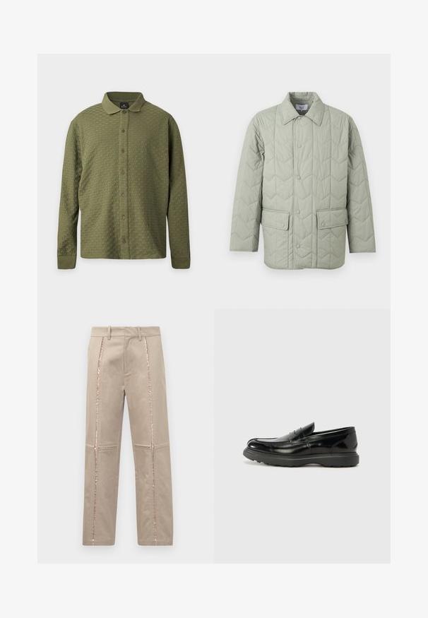 Veste matelassée vert clair avec fermeture à pression, deux poches à rabat avec boutons-pression, et un col pointu.; Chemise à manches longues vert olive texturée, boutonnée, avec col et poignets, présentée sur un fond clair uni.; Pantalons beiges à coupe droite, avec des rayures latérales en sequins or rose et de subtils détails cousus sur les jambes.; Mocassin en cuir noir avec une finition brillante, bout arrondi, détails de couture subtils et semelle en caoutchouc épaisse pour la durabilité.