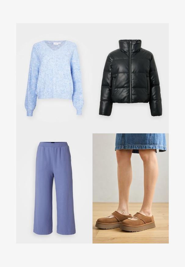 Veste matelassée noire courte en matière aspect cuir. Présente un col montant, une fermeture éclair sur le devant et des sections matelassées horizontales.; Pull en V bleu clair avec un motif en torsades texturé, manches longues et bords côtelés. Tissu doux et léger avec une coupe décontractée.; Pantalons amples lilas clair avec une taille élastique et un tissu texturé. Présente une coupe décontractée sans poches visibles ni embellissements.; Chaussures à plataforma en suède marron avec un bout arrondi, des découpes, et une semelle robuste, accompagnées d'une jupe en denim dans un cadre au sol en bois.