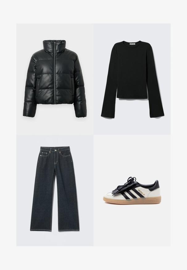 Zwarte cropped pufferjas gemaakt van leerachtig materiaal. Heeft een hoge kraag, een ritssluiting aan de voorkant en horizontale doorgestikte secties.; Zwart shirt met lange mouwen en ronde hals, met een aansluitende pasvorm en licht uitlopende mouwen, voorzien van een "Weekday" merklabel bij de halslijn.; Donkerblauwe jeans met wijde pijpen, knoopsluiting aan de voorkant, rits, lussens voor riem en vijf zakken, tegen een lichte effen achtergrond.; Witte en zwarte Adidas Spezial sneaker met een gumzool, zwarte strepen en een zwarte veterhoes op een effen lichte achtergrond.