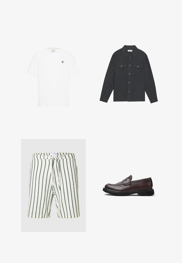 Dunkelgraues Hemd mit Knopfleiste und Kragen, zwei Brusttaschen und langen Ärmeln. Hergestellt aus einem strukturierten Stoff mit Metallknöpfen.; Weißes Kurzarm-T-Shirt mit Rundhalsausschnitt und einem kleinen grauen geometrischen Logo auf der linken Brust. Hergestellt aus weichem Baumwollmaterial.; Gestreifte Shorts in Crema und Schwarz, aus strukturiertem Stoff. Verfügt über einen elastischen Bund mit Kordelzug für eine verstellbare Passform.; Braune Lederloafer mit einem eleganten Design und einem dezenten RiemenDetail, vor einem weißen Hintergrund. Ideal für formelle oder legere Anlässe.