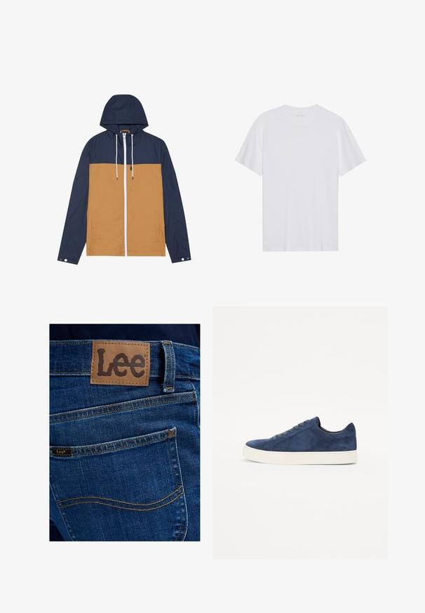 Veste colorée avec une capuche et des manches bleu marine, un corps beige, une fermeture éclair blanche et des poches avant avec une texture lisse.; T-shirt en coton blanc à manches courtes, col rond et texture lisse. Présente un branding minimal au niveau du col.; Vue arrière d'un jean en denim bleu avec un patch en cuir beige et une petite étiquette en tissu, affichant toutes deux le nom de la marque Lee au-dessus de la poche arrière.; Baskets en suède bleu marine avec un bout arrondi, cinq œillets, semelle en caoutchouc blanche et design minimaliste. Texture lisse, sans motifs visibles.