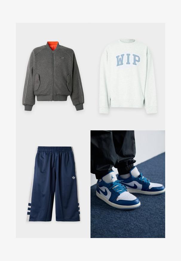 Grijze textuur zip-up bomberjack met ribgebreide manchetten en zoom, flapzakken, subtiele Adidas-logo en oranje kraagvoering.; Lichtgrijze trui met ronde hals en lange mouwen, voorzien van een blauw "WIP"-logo in een gebogen ontwerp over de borst.; Marineblauwe sportshorts met elastische tailleband, witte mesh zijpanelen, drie marineblauwe strepen en een klein wit Adidas-logo op het linkerbeen.; Nike Air Jordan sneakers hebben een witte leren basis met blauwe synthetische accenten, een geperforeerde neusdoos en blauwe veters.