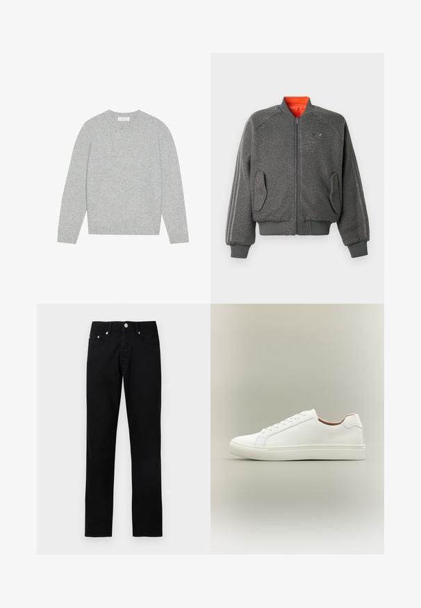 Veste bomber zippée grise texturée avec des poignets et un ourlet côtelés, poches à rabat, logo Adidas discret et doublure de col orange.; Pull en laine gris clair avec un col rond, des manches longues et des poignets et ourlet côtelés. Texture douce avec un design solide et minimal.; Jean noir coupe droite avec bouton sur le devant, fermeture éclair, passants de ceinture et cinq poches sur fond gris clair.; Baskets blanches basses avec fermeture à lacets et semelle plate, vues de côté sur un fond neutre.