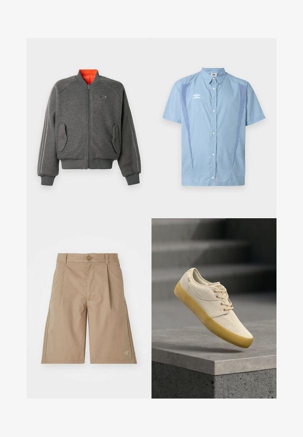 Chaqueta bomber gris con textura, con cierre de cremallera, puños y dobladillo acanalados, bolsillos con solapa, sutil logo de Adidas y forro de collar naranja.; Camisa de manga corta azul claro con botones, con finas rayas verticales, paneles laterales en contraste y el logo blanco de Umbro en el pecho izquierdo.; Bermudas de algodón beige con corte recto, pliegues frontales y cierre de botón único. Presentan un sutil logo en la parte inferior izquierda.; Zapatilla de lona beige con suela y cordones de goma marrón claro, flotando sobre un borde de concreto gris con escaleras desenfocadas en el fondo.