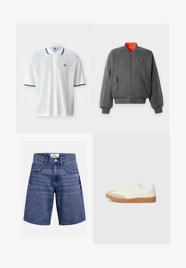 Sivá textúrovaná bomber bunda na zips s rebrovanými manžetami a lemom, vreckami na klapky, subtílnym logom Adidas a oranžovým podšívkou goliera.; Biela sieťovaná polokošeľa so zeleným golierom a zelenými prvkami na rukávoch, s malým zeleným logom na ľavej strane hrude a zapínaním na gombíky vpredu.; Modré rifľové šortky s predným zapínaním na gombík, pútkami na opasok a dvoma prednými vreckami, značka "Rebel", veľkosť stredná.; Tenisky vyrobené z bielej kože s béžovou špičkou a svetlohnedou gumovou podrážkou. Majú ploché biele šnúrky a embosované logo na boku.