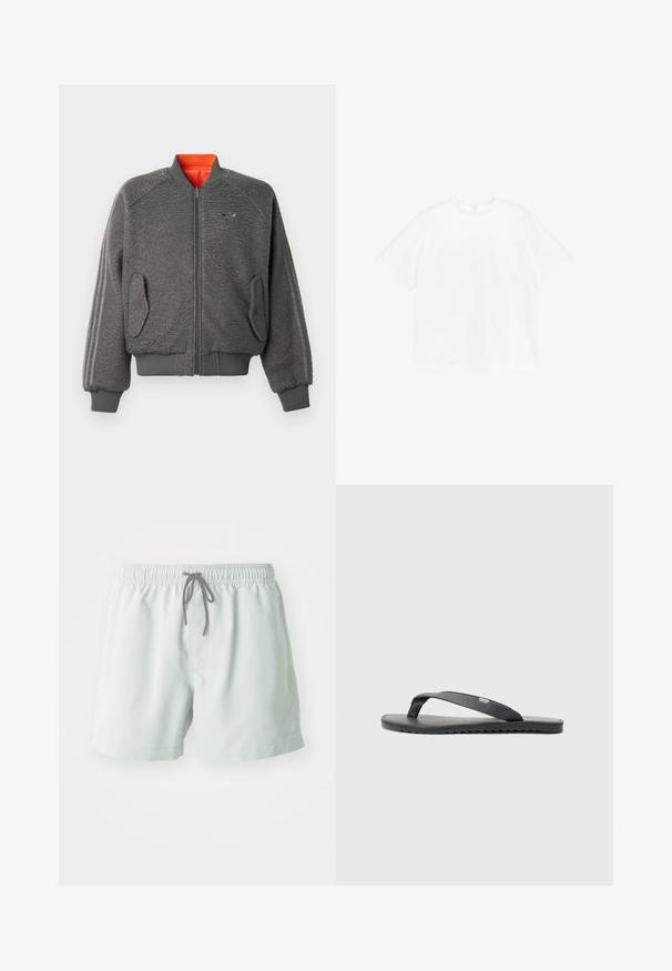 Grau strukturiierte Bomberjacke mit Reißverschluss, gerippten Bündchen und Saum, Klappentaschen, dezentem Adidas-Logo und oranger Krageninnenseite.; T-Shirt mit kurzen Ärmeln und Rundhalsausschnitt aus unifarbenem weißen Baumwollstoff. Normale Passform mit schlichter Gestaltung und ohne sichtbare Muster oder Akzente.; Hellgrüne Badeshorts mit einem elastischen Bund, verstellbarem Kordelzug und Seitentaschen. Glatte Textur, Länge über dem Knie.; Schwarze Flip-Flops mit strukturierten Riemen, flacher Sohle und gezacktem Rand. Hergestellt aus Gummi mit glatter Oberfläche und minimalistischer Gestaltung.