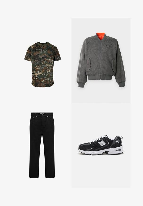 Halli tekstureeritud jakk, mis on varustatud tõmblukuga, ribaköidikute ja hemiga, klapiga taskud, diskreetne Adidas'i logo ja oranž kaeluse vooder.; Kamofoon T-särk, mis on valmistatud puuvillast ja millel on mitme tooni muster rohelises, pruunis ja mustas. Ümmargune kaelus ja lühikesed varrukad.; Mustad sirge säärega teksad esitaskute, vööaasade, nööpide ja nähtavate õmblustega.; Must värvi ja hallid spordijalatsid, mille ülemine osa on valmistatud võrgust ja nahast, valge vaheosaga, paeltega ja küljel julge "N" logo.