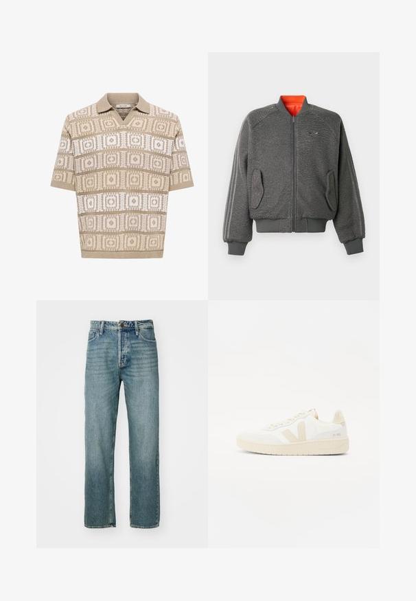 Veste bomber zippée grise texturée avec des poignets et un ourlet côtelés, poches à rabat, logo Adidas discret et doublure de col orange.; Polo en maille beige à manches courtes avec motifs géométriques carrés et losanges en beige et blanc, col et poignets côtelés.; Jeans en denim bleu clair avec une coupe droite, un design à cinq poches et des coutures visibles. Comprend un bouton en métal et une fermeture éclair.; Sneaker blanche avec des accents beiges, présentant un dessus texturé, un bout rond et une semelle en caoutchouc épaisse. Le design inclut le logo V iconique et le branding.