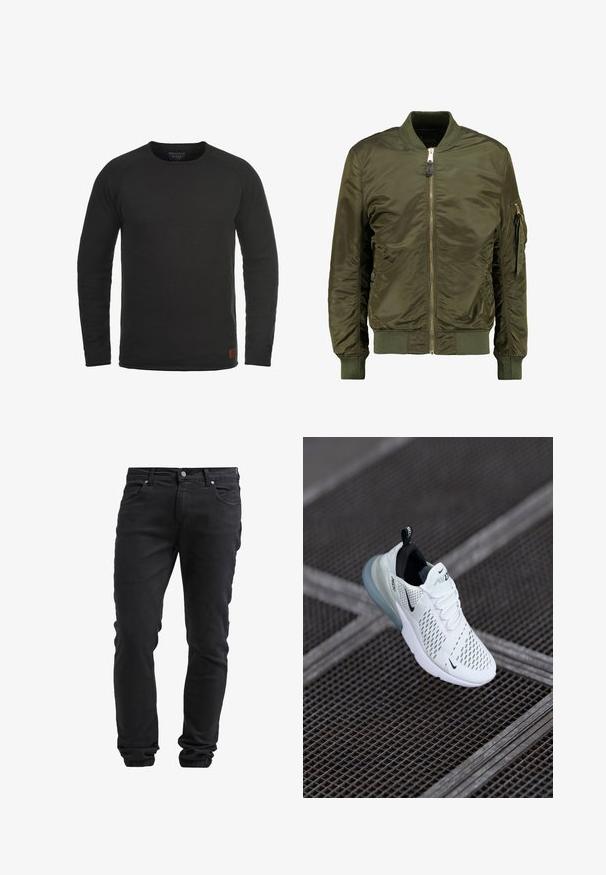 Olivovo zelená bomber bunda, polyesterový materiál, predný zips, rebrové manžety a lem, bočné vrecká a vrecko so zipsom na rukáve.; Čierna dlhá mikina s okrúhlym výstrihom vyrobená z textúrovanej látky s malou hnedou značkovou nášivkou na dolnom pravom boku.; Čierne slim-fit džínsy s gombíkovým a zipsovým zapínaním, piatimi vreckami a elastickými manžetami na členkoch.; Biele športové tenisky s perforovaným sieťovým zvrškom, čiernymi akcentmi, viditeľnými šnúrkami a priehľadnou vzduchovou podrážkou.