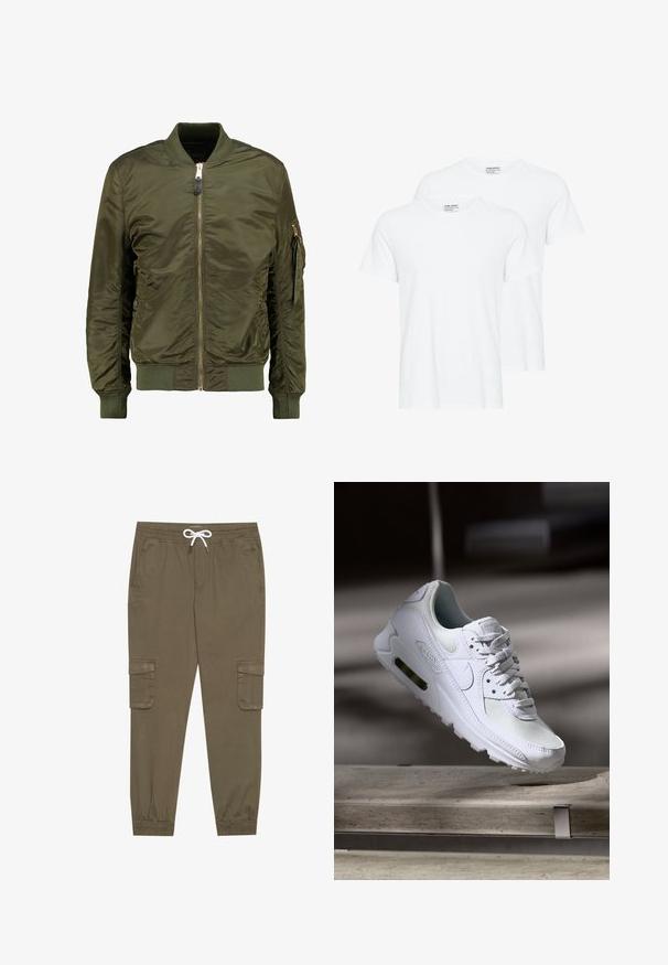 Chaqueta bomber verde oliva, material de poliéster, cierre frontal con cremallera, puños y bajo acanalados, bolsillos laterales y un bolsillo con cremallera en la manga.; Dos camisetas blancas lisas de manga corta y cuello redondo superpuestas sobre un fondo blanco.; Pantalones cargo caqui con cintura elástica y cordón, que cuentan con bolsillos laterales y tobillos ajustados. Fabricados en un material ligero y texturizado.; Zapatilla Nike Air Max 90 blanca con parte superior de malla y cuero, caja de puntera perforada y unidad de aire visible en el talón.