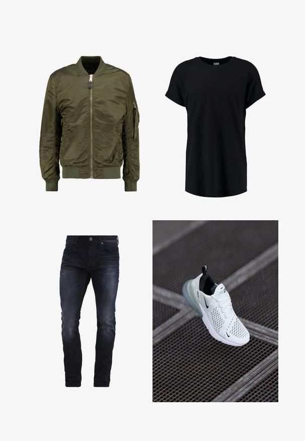 Olivenfarvet bomberjakke, polyester materiale, lynlåslukning foran, ribbede manchetter og kant, sidelommer og en lomme med lynlås på ærmet.; Sort kortærmet t-shirt i en afslappet pasform. Fremstillet af blødt stof med rund halsudskæring og oprullede ærmer. Glat tekstur, uden mønstre.; Mørkeblå slim-fit jeans med let slid på lårene og knæene, med forlommer, bæltestropper og knaplukning.; Hvide atletiske sneakers med perforeret mesh-overdel, sorte accenter, synlige snørebånd og en gennemsigtig luftdæmpningssål.