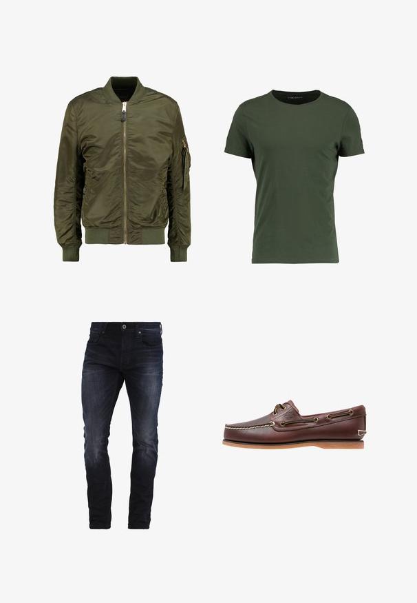 Olivovo zelená bomber bunda, polyesterový materiál, predný zips, rebrové manžety a lem, bočné vrecká a vrecko so zipsom na rukáve.; Tmavozelené bavlnené tričko s klasickým okrúhlym výstrihom, krátkymi rukávmi a hladkou textúrou. Jednoduchý, nezdobený dizajn.; Tmavomodré úzke džínsy so slabým vyblednutím na stehnách a kolenách, s prednými vreckami, pútkami na opasok a zapínaním na gombík.; Hnedá kožená lodná topánka s bielym prešívaním, detailmi na šnúrky a svetlohnedou gumovou podrážkou, zobrazená z boku na bielom pozadí.
