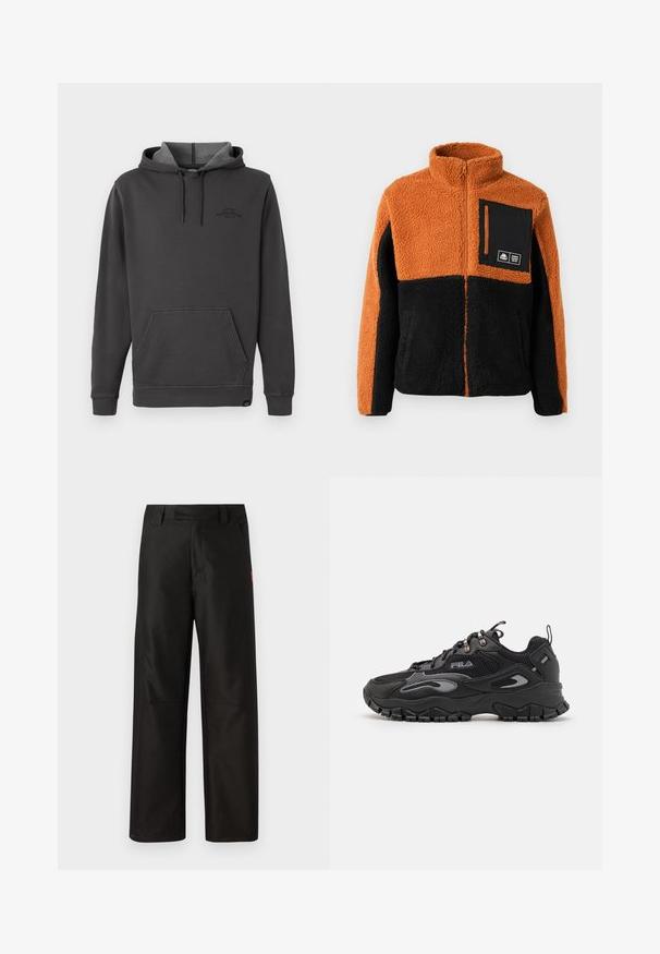 Fleece bunda s oranžovým a čiernym farebným blokovaním, úplným zipsom, vysokým golierom a čiernou náprsní kapsou so zipsom a detailom loga.; Tmavošedá mikina s kapucňou a fleecovou podšívkou, predné klokanie vrecko, rebrované manžety a lem, a jemné logo na hrudi.; Čierne široké nohavice vyrobené z hladkej látky, s plochým predným dielom, pútkami na opasok a dvoma bočnými vreckami. Červený logo značky zdobí stranu.; Čierne tenisky s vrchnou časťou z máčanej a syntetickej látky, gumovou podrážkou, zaoblenou špičkou a reflexnými akcentmi na stranách a šnúrkach.