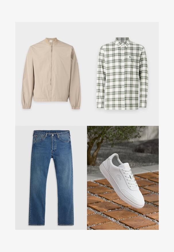 Chaqueta bomber ligera color beige con cremallera frontal, puños elásticos y pequeña etiqueta en la manga izquierda, mostrada sobre un fondo blanco liso.; Camisa de botones en blanco con un patrón de cuadros en verde y gris. Presenta un collar, mangas largas y un pequeño logo bordado en el pecho.; Vaqueros de mezclilla azul de pierna recta con cinco bolsillos, presillas para el cinturón y un cierre frontal con botón y cremallera sobre un fondo liso.; Zapatilla blanca Lacoste con cordones flotando sobre baldosas cuadradas de madera y pequeñas piedras grises, con fondo desenfocado de árbol y muro.