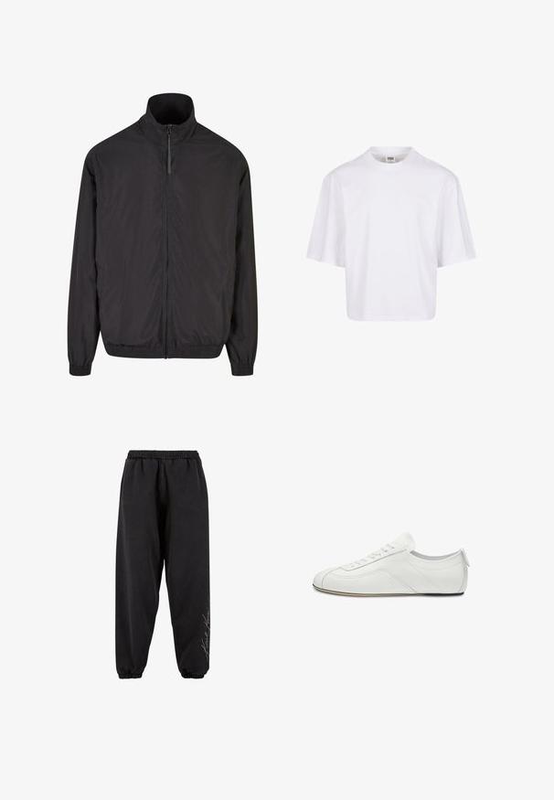 Chaqueta ligera negra con cuello alto, cremallera frontal, puños elásticos y dobladillo. Textura suave y diseño minimalista. Dos bolsillos laterales.; Camiseta blanca de manga corta con cuello redondo y corte relajado, fabricada en una suave mezcla de algodón. Sin patrones ni adornos.; Pantalones de chándal negros hechos de una tela suave con una cintura elástica. Tobillos entallados y detalle de texto impreso en un lado. Corte casual y relajado.; Zapatilla blanca de cuero de caña baja con cordones en la parte delantera, detalles sutiles de costura y una suela plana y delgada, mostrada en perfil lateral.