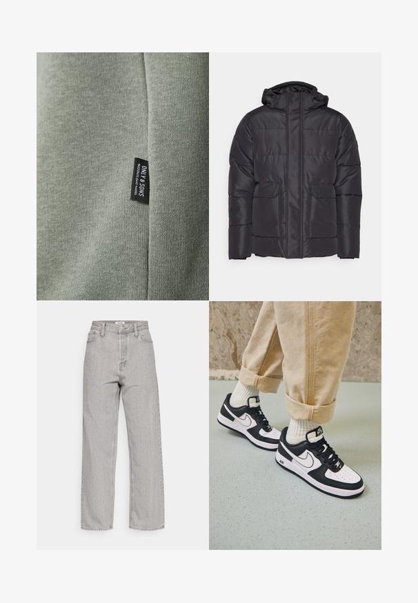 Sort polstret jakke med hætte, der har lynlås foran, to forlommer og en glat tekstur. Klassisk, firkantet form.; Lys grøn stof med en glat tekstur, der har et sort mærke med teksten "ONLY & SONS." Stoffet viser fine strikkemønstre.; Lys grå højttalende denim jeans med en afslappet pasform, der har fem lommer og en subtil tekstur. Lige ben og minimal detaljer.; Sorte og hvide Nike Air Force 1 sneakers med læderoverdel, perforeret tå og tekstureret såldetalje, båret med rullede beige bukser og hvide sokker.