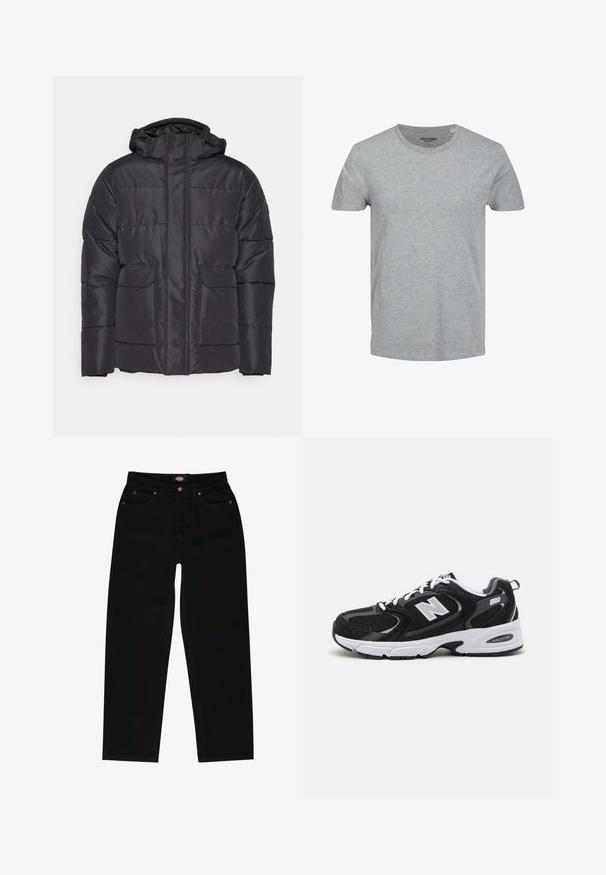 Chaqueta acolchada negra con capucha, que presenta un cierre delantero con cremallera, dos bolsillos frontales y una textura suave. Forma clásica y cuadrada.; Camiseta gris de manga corta hecha de suave algodón. Presenta un cuello redondo clásico y un corte regular. Diseño sencillo sin patrones ni acentos.; Vaqueros de mezclilla negra con corte recto, que cuentan con cinco bolsillos, costuras marrones y cierre de cremallera. Textura suave y material duradero.; Zapatillas deportivas en negro y gris con parte superior de malla y ante, que cuentan con una entresuela blanca, cordones y un llamativo logo "N" en el lateral.