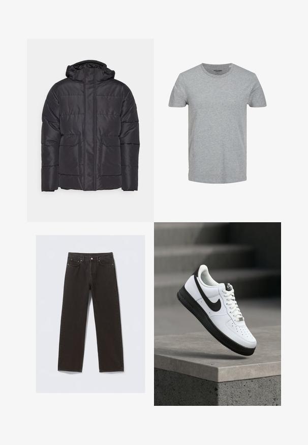 Sort polstret jakke med hætte, der har lynlås foran, to forlommer og en glat tekstur. Klassisk, firkantet form.; Grå kortærmet T-shirt lavet af blød bomuld. Har en klassisk rund halsudskæring og en regulær pasform. Enkel design uden mønstre eller detaljer.; Svarte denimjeans med straight-leg design, fem lommer og kobberfarvet syning. Glat tekstur, klassisk knaplukning i taljen.; Hvid lædersneaker med sorte detaljer, rundet tå og perforerede detaljer. Sort gummisål med tekstureret mønster og snørelukning.