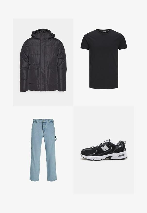 Chaqueta acolchada negra con capucha, que presenta un cierre delantero con cremallera, dos bolsillos frontales y una textura suave. Forma clásica y cuadrada.; Camiseta de algodón negra con cuello redondo, mangas cortas y un diseño sencillo. Textura suave, sin patrones ni herrajes visibles.; Pantalones cargo de mezclilla azul claro con un corte relajado, que cuentan con lazos de sujeción laterales y bolsillos frontales, mostrando una textura desgastada.; Zapatillas deportivas en negro y gris con parte superior de malla y ante, que cuentan con una entresuela blanca, cordones y un llamativo logo "N" en el lateral.