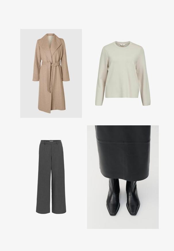 Beige lang uldfrakke med brede klapper, bælte i taljen og sidelommer på en simpel hvid baggrund.; Lys beige langærmet sweater med rund hals. Lavet af struktureret strikmateriale, med let sænkede skuldre og afslappet pasform.; Grå brede bukser lavet af tekstureret stof, med elastisk talje og frontlommer for en afslappet pasform.; Sorte læder støvler med høj ankel, firkantet tådesign og sideskilt. Glat tekstur og minimal hardware; sammen med en sort lædernederdel.