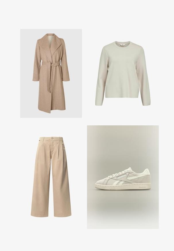Beige lang uldfrakke med brede klapper, bælte i taljen og sidelommer på en simpel hvid baggrund.; Lys beige langærmet sweater med rund hals. Lavet af struktureret strikmateriale, med let sænkede skuldre og afslappet pasform.; Beige brede bukser med to frontfolder, en knaplukning og en glat overflade. Designet til komfort og en løs pasform.; Lav-skoet off-white Reebok sneaker med snørebånd foran, tekstureret sål og subtil Reebok-logo på siden og hælen mod en ensfarvet baggrund.