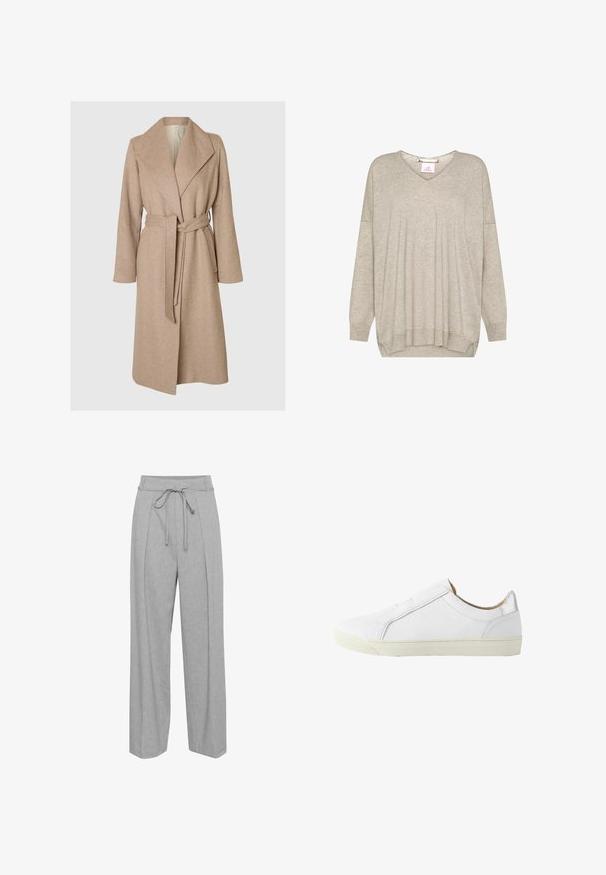 Abrigo largo de lana beige con amplios solapas, cintura ceñida con cinturon y bolsillos laterales sobre un fondo blanco liso.; Jersey de punto beige claro de manga larga con escote en V y puños y bajo acanalados, con un corte ligeramente holgado y costuras de hombro caídas.; Pantalones de lino grises de pierna ancha con cintura alta, que presentan un cordón para ajustar, pliegues en la parte delantera y un acabado suave y texturizado.; Zapatilla blanca baja de cuero con cremallera lateral, forro interior beige y suela de goma color blanco roto, mostrada desde el lado exterior.
