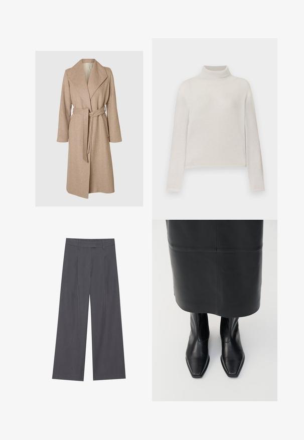 Beige lang uldfrakke med brede klapper, bælte i taljen og sidelommer på en simpel hvid baggrund.; Lys beige turtleneck sweater med ribbet tekstur, lange ærmer og en tætsiddende silhuet. Blødt materiale med en subtil glans.; Grå vidde benbukser med en glat tekstur, der har et plisset design foran og en standard talje for en komfortabel pasform.; Sorte læder støvler med høj ankel, firkantet tådesign og sideskilt. Glat tekstur og minimal hardware; sammen med en sort lædernederdel.