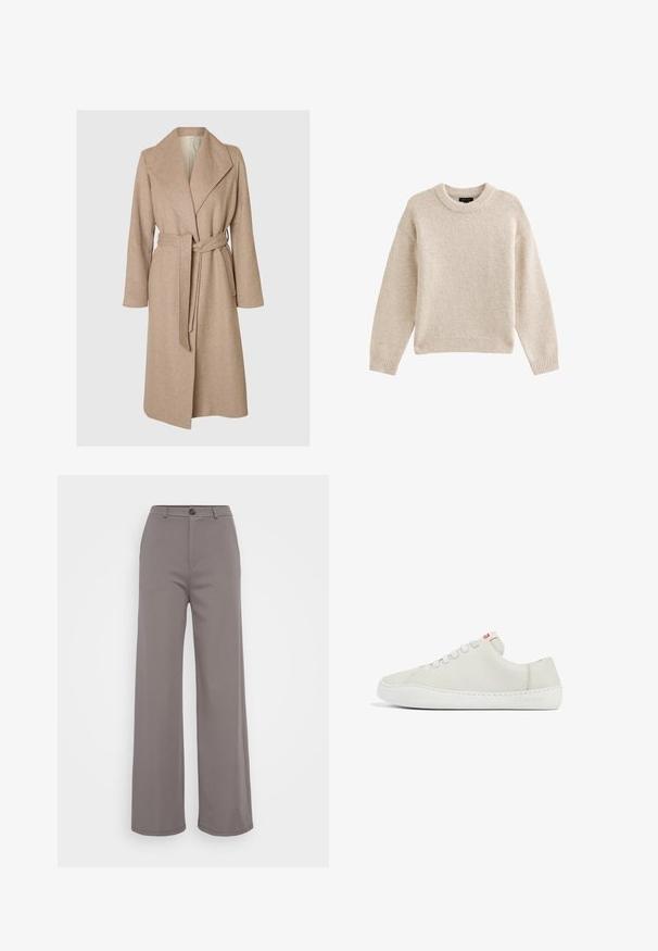 Beige lang uldfrakke med brede klapper, bælte i taljen og sidelommer på en simpel hvid baggrund.; Beige strikket sweater med rund hals, lange ærmer og ribbet kant. Tekstureret stof med en blød udseende. Enkel og alsidig design.; Bredde bukser i et blødt gråt stof. Har en knaplukning og rene sømme. Glat tekstur uden synlige mønstre eller udsmykninger.; Hvide lædersneakers med lav profil, rund tå, flad snørebåndslukning og hvid gummisål. Udstyret med diskret syning og et lille logo.
