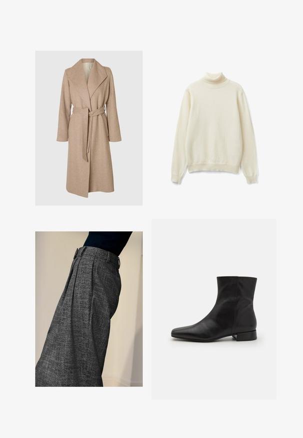 Beige lange wollen jas met brede revers, ceintuur in de taille en zijzakken op een effen witte achtergrond.; Crème-kleurige coltrui van zachte gebreide stof. Voorzien van lange mouwen en geribbelde boorden enzoom. Eenvoudig, naadloos ontwerp.; Persoon in een grijze hoge taille broek met structuur en plooien aan de voorkant, gecombineerd met een zwarte top, zijaanzicht tegen een effen achtergrond.; Zwarte leren enkelboot met een spitse neus, gladde textuur, minimalistisch ontwerp en een lage blokhak. Zijrits gaat tot de enkel.