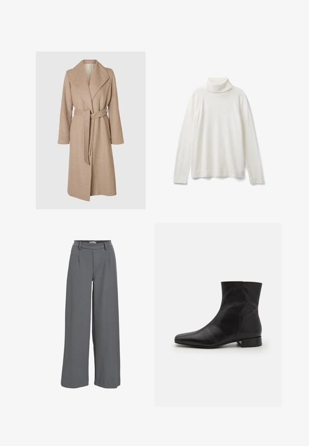 Un long manteau en laine beige avec de larges revers, une taille ceinturée et des poches latérales sur fond blanc.; United Colors of Benetton TURTLENECK - Pullover - white; Pantalons à jambe large en tissu gris clair, avec une taille froncée, des plis avant et une texture lisse et douce.; Botte cheville en cuir noir avec un bout pointu, texture lisse, design minimaliste et un petit talon carré. La fermeture éclair sur le côté monte jusqu'à la cheville.