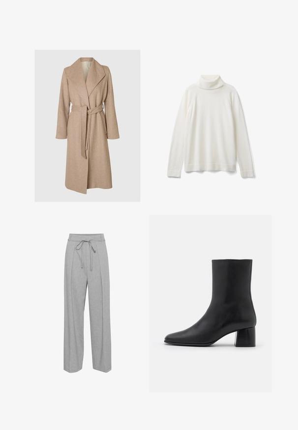 Beige lange wollen jas met brede revers, ceintuur in de taille en zijzakken op een effen witte achtergrond.; United Colors of Benetton TURTLENECK - Trui - white; Grijze linnen broek met wijde pijpen en een hoge taille, voorzien van een trekkoord, plooien aan de voorkant en een zachte, textuurachtige afwerking.; Zwarte leren enkelboot met een spitse neus en een chunky vierkante hak. Glad oppervlak met een naadloos ontwerp en minimalistische stiksels.