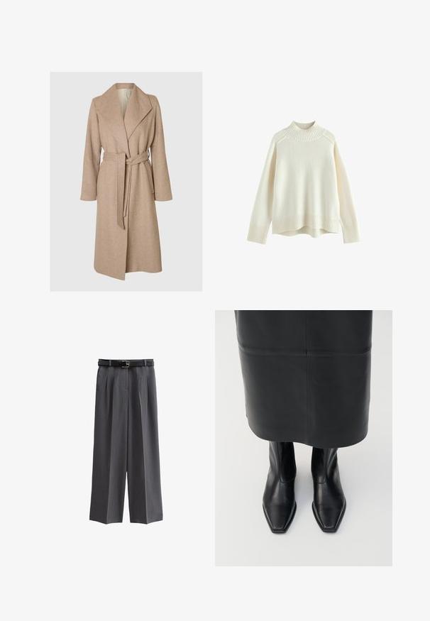Beige lange wollen jas met brede revers, ceintuur in de taille en zijzakken op een effen witte achtergrond.; Crèmekleurige trui met een geribbelde hoge hals, lange mouwen en een relaxte pasvorm. Getextureerde gebreide stof en geribbeld zoomdetail aan de onderkant.; Grijze wijde broek van textuurstof, met een zwarte riem met vierkante gesp en voorplooien. Er zijn eenvoudige zakken inbegrepen.; Zwarte leren hoge enkellaarsjes met een vierkante neus en een ritssluiting aan de zijkant. Glad textuur en minimale hardware; gecombineerd met een zwarte leren rok.