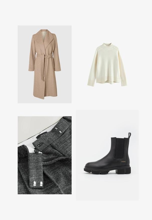 Beige langer Wollmantel mit breiten Revers, tailliertem Gürtel und seitlichen Taschen auf einem schlichten weißen Hintergrund.; Cremfarbener Pullover mit einem gerippten Stehkragen, langen Ärmeln und lockerer Passform. Strukturiertes Strickmaterial und gerippte Saumdetails am unteren Rand.; Grau strukturierte Hosen verfügen über einen Knopfverschluss, einen Reißverschluss und Stoffgürtelschlaufen, mit einem weißen Innenfutter und markanten Nähdetails.; Schwarze Leder-Ankle-Boots mit elastischen Seitenpaneelen und einer robusten, profilierten Sohle. Mit einer Zuglasche und goldenen Markendetails. Matte Oberfläche.