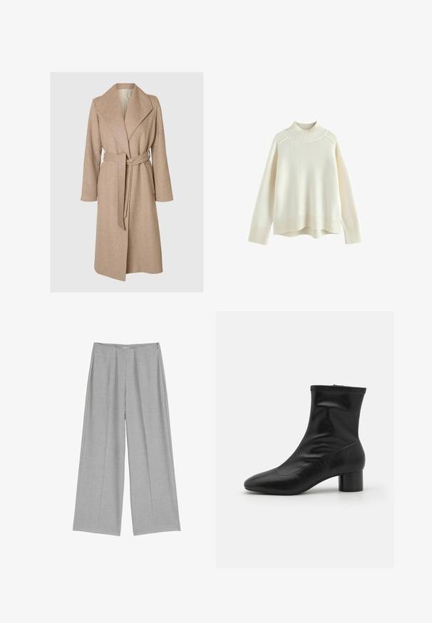 Beige langer Wollmantel mit breiten Revers, tailliertem Gürtel und seitlichen Taschen auf einem schlichten weißen Hintergrund.; Cremfarbener Pullover mit einem gerippten Stehkragen, langen Ärmeln und lockerer Passform. Strukturiertes Strickmaterial und gerippte Saumdetails am unteren Rand.; Helle graue, weit geschnittene Hose mit gefälteltem Vorderteil, ausgestattet mit einer glatten Textur und einem dezenten seitlichen Reißverschluss zum Schließen.; Schwarze Knöchelstiefel aus glattem Leder mit spitzer Zehe und zylindrischem Blockabsatz. Verfügt über eine taillierte Silhouette und einen Reißverschluss.