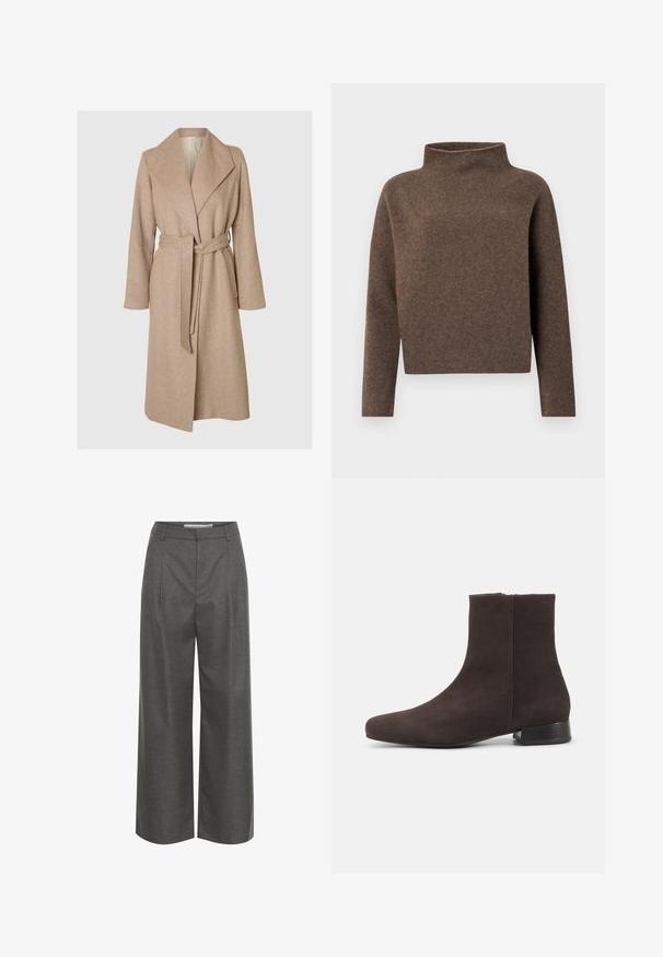 Beige lang uldfrakke med brede klapper, bælte i taljen og sidelommer på en simpel hvid baggrund.; Brun, cropped sweater med en høj, fold-over hals, lange ærmer og et blødt, tekstureret stof. Minimalistisk design uden synlig hardware.; Grå brede bukser lavet af struktureret stof, med høj talje og frontfolder, uden synlige lommer eller hardware detaljer.; Mørkebrun ruskind ankelstøvle med lav blokhæl og sidelås, slank rundet tå, på ensartet lys baggrund.