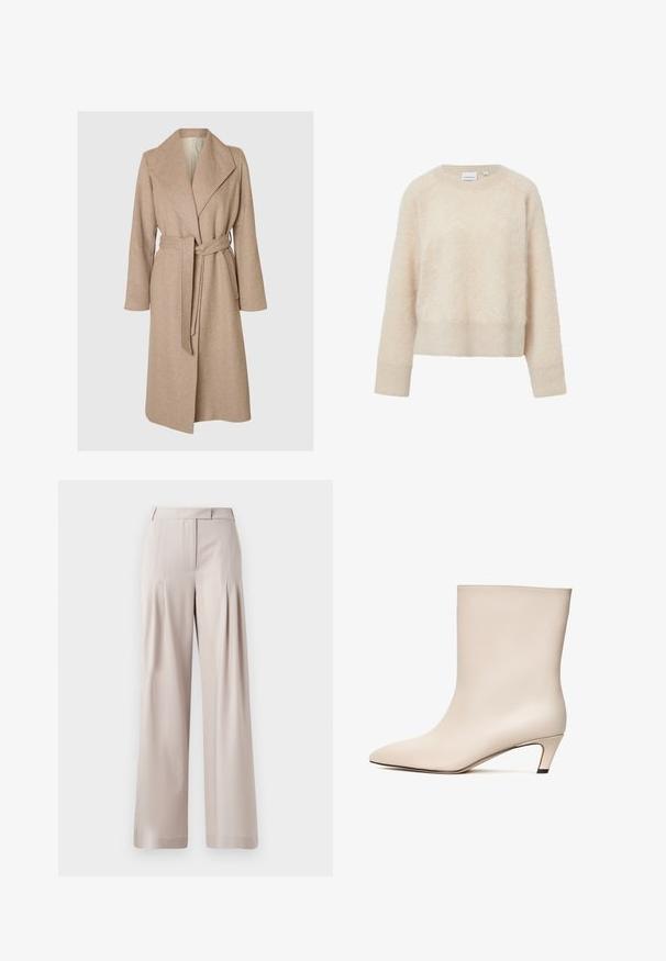Un long manteau en laine beige avec de larges revers, une taille ceinturée et des poches latérales sur fond blanc.; Pull en laine de couleur crème, doux et fluffy, avec un col rond, des manches longues, et des bords côtelés au niveau des poignets et de l'ourlet. Texture douce et coupe décontractée.; Pantalons larges beiges avec une texture lisse, un design plissé à l'avant et une taille ajustée. Convient pour une tenue formelle ou décontractée.; Bottine en cuir beige avec un bout pointu et un talon conique. Texture lisse avec un minimum de coutures et une silhouette épurée.