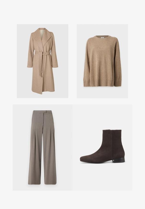 Beige pikk villane mantel, millel on laiad krae, vöökoht ja küljetaskud, mille taustal on ühtlane valge taust.; Beež pika varrukaga kootud kampsun soonikkoes mansettide, ääre ja ümara kaelusega, kuvatud lamades valgel taustal.; Laiad püksid heleses pruunis kangas, millel on voldid, sirge esiosa ja puhas ääreline. Sile tekstuur, millel on peen sära.; Tumepruun seemisnahast pahklakute saabas madala kandiga ja külgmise tõmblukuga, sileda ümaraga ninaga, ühevärvsel heledal taustal.