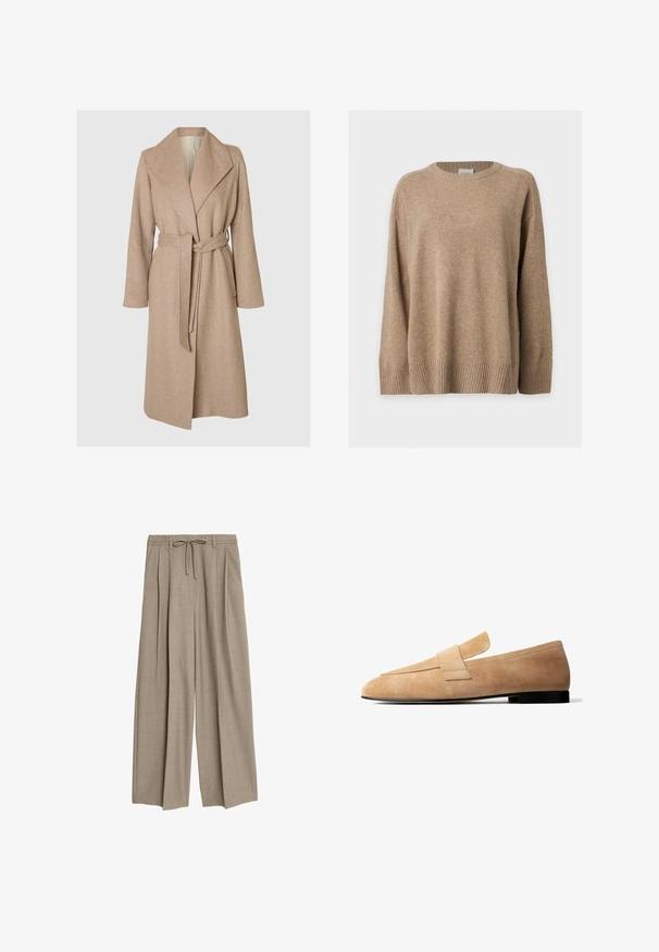 Beige lang uldfrakke med brede klapper, bælte i taljen og sidelommer på en simpel hvid baggrund.; Beige langærmet striktrøje med ribstrikkede manchetter, kant og rund hals, vist fladt på en hvid baggrund.; Beige højtaljede bukser med en afslappet pasform, der har pletter og en snøre i taljen. Materialet ser ud til at være tekstureret og let.; Lysebrun ruskindsløs loafer med en lav sort hæl og en bred remdetalje tværs over toppen, vist i sideprofil på hvid baggrund.